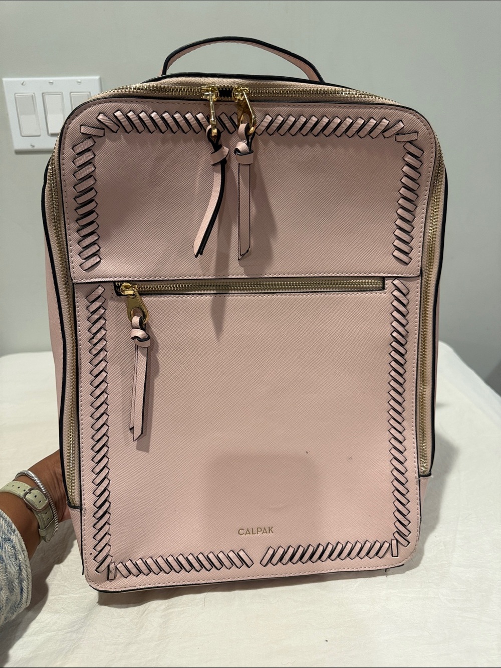 Calpak Pink Woven-Trim Structured Backpack